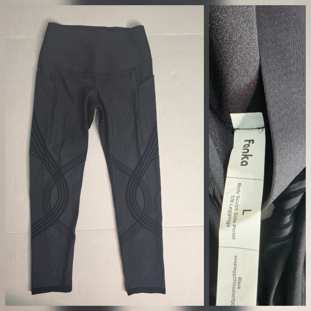 Fanka Body Sculpt Side Pocket 7/8 Leggings SZ L Black Powerband Resistance Gym